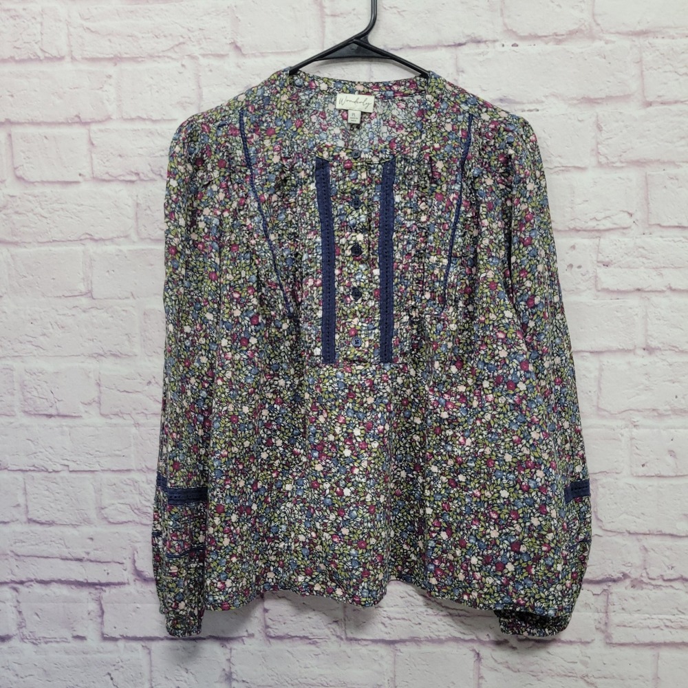 Wonderly Boho Floral Blouse PL 100% Cotton Cottagecore Prairie Peasant Coquette
